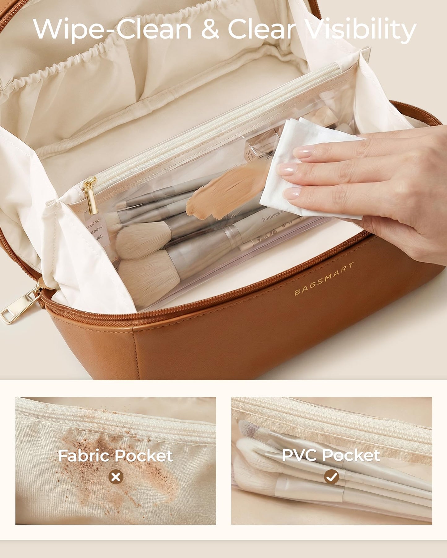 BAGSMART Makeup Bag Travel Cosmetic Bag,Women Toiletry Case, Classic Brown