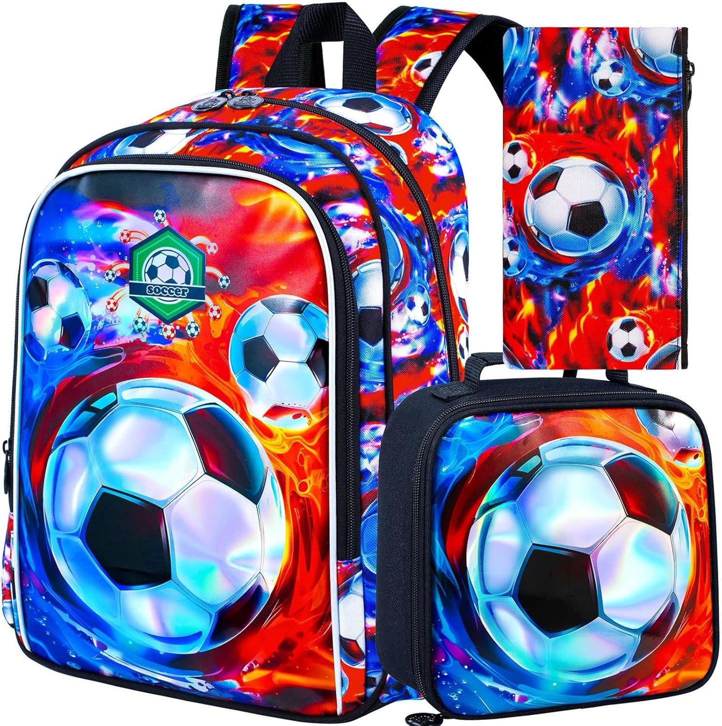 Soccer Backpack for Boys, 16" Kids Bookbag with Lunch Box, 3Pcs Football School Backpacks for Elementary Preschool Kindergarten (Fire and Ice)