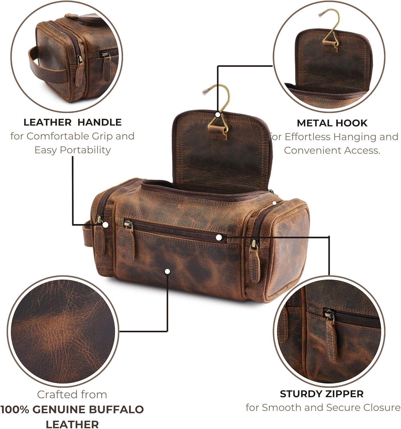 NomadCraftsCo. Medium Sized Hanging Leather Toiletry Bag for Men Women - Premium Leather Men's Toiletry Travel Bag, Dopp Kit for Travel, Leather Pouch, Mens Toiletry Bag for Travel