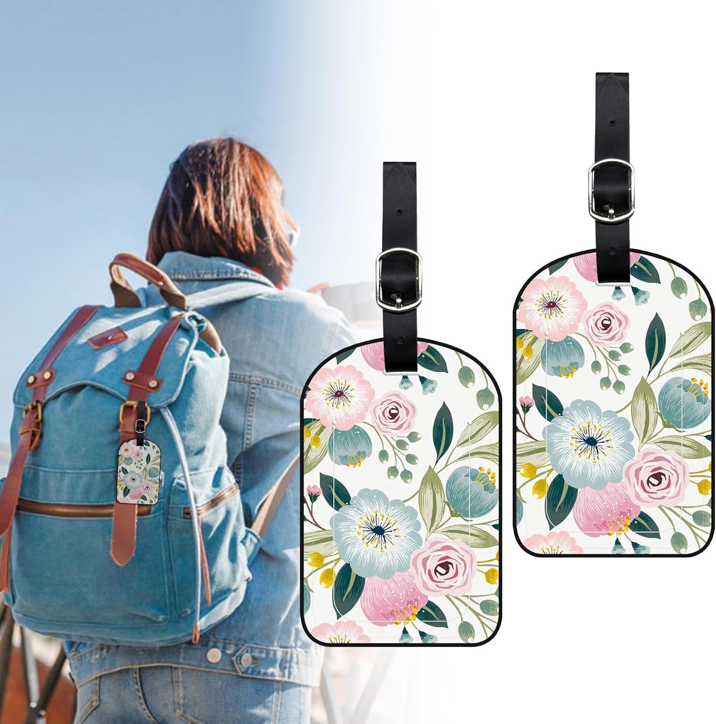 2 Pack Luggage Tags Spring Flowers PU Leather Baggage Handbag Suitcase Tags with Secure Strap