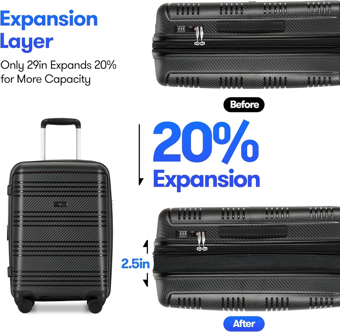 GinzaTravel 3 Piece Expandable Luggage Sets PP Hardshell Lightweight Suitcase sets with Spinner Wheels STSA Lock, 20/25/29inch, Black