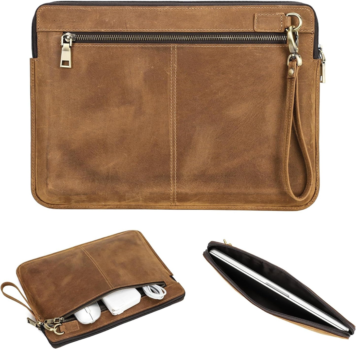 Top Grain Leather 14.2" Slim Laptop Sleeve Case Bag, Vintage Design with 2 Zip Pockets, Handmade