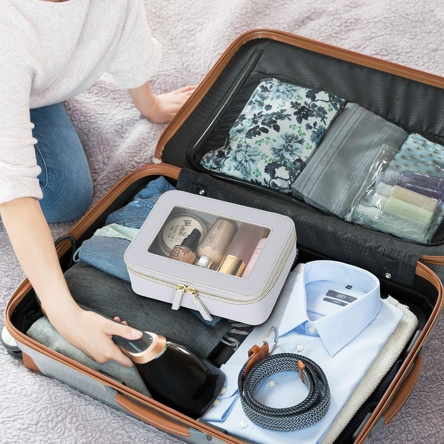 Clear Makeup Bag Women's Waterproof Travel Cosmetic Case and Toiletry Bag Portable Makeup Organizer Bag for Car with Zipper (Gray, M)