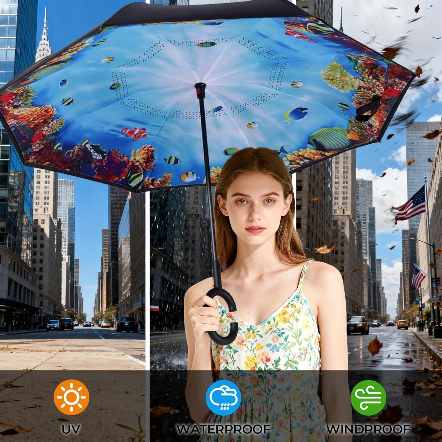 Inverted Umbrella, 49 Inch Double-Layer Vented Reverse Umbrella, Windproof Waterproof UV Protection, Lightweight C-Handle, Fiberglass Ribs, Steel Shaft, Travel/Commute/Car Use, With Sleeve