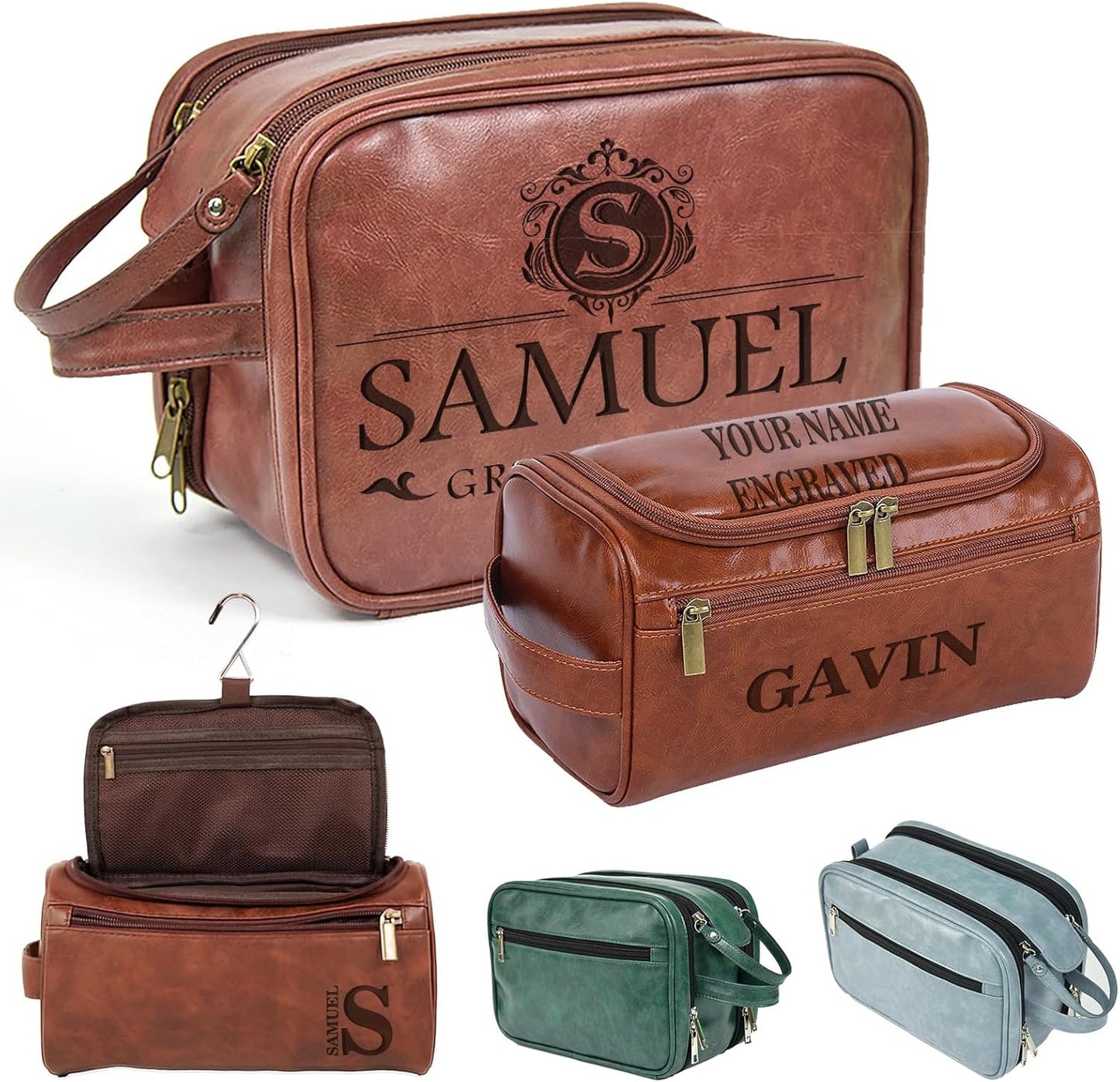 Personalized Leather Toiletry Bag for Men,Custom Engraved Travel Shaving Dopp Kit Bag,Customized Name&Logo Gift for Father,Husband, Boyfriend,Groomsmen,Anniversary,Birthday