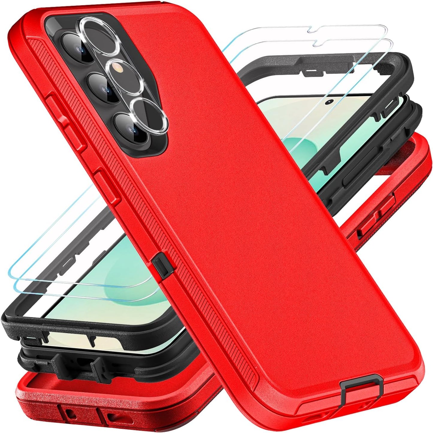 for Samsung Galaxy S25 Plus Case, Military Grade 3 in 1 Heavy Duty Shockproof/Drop Proof/Dust Proof Case with 2Pcs Tempered Glass Screen Protector & 1PcsCamera Lens Protector (Red/Black)