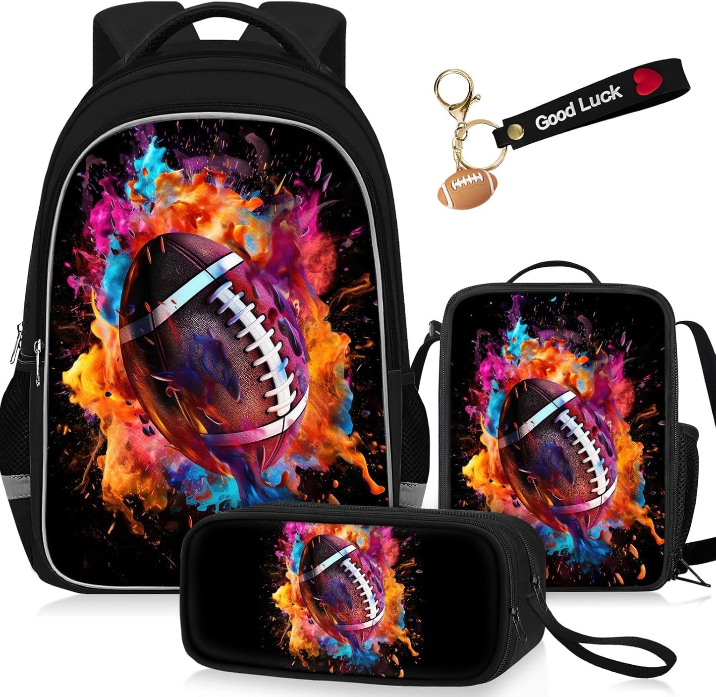 School Backpack for Boys - 4pcs Ameriacn Football Boys Backpack with Lunch Box and Pencil Case for Kids Children Teens Elementary Middle School - Students Bag for Ages 6-18,17″Bookbag Travel Back Pack