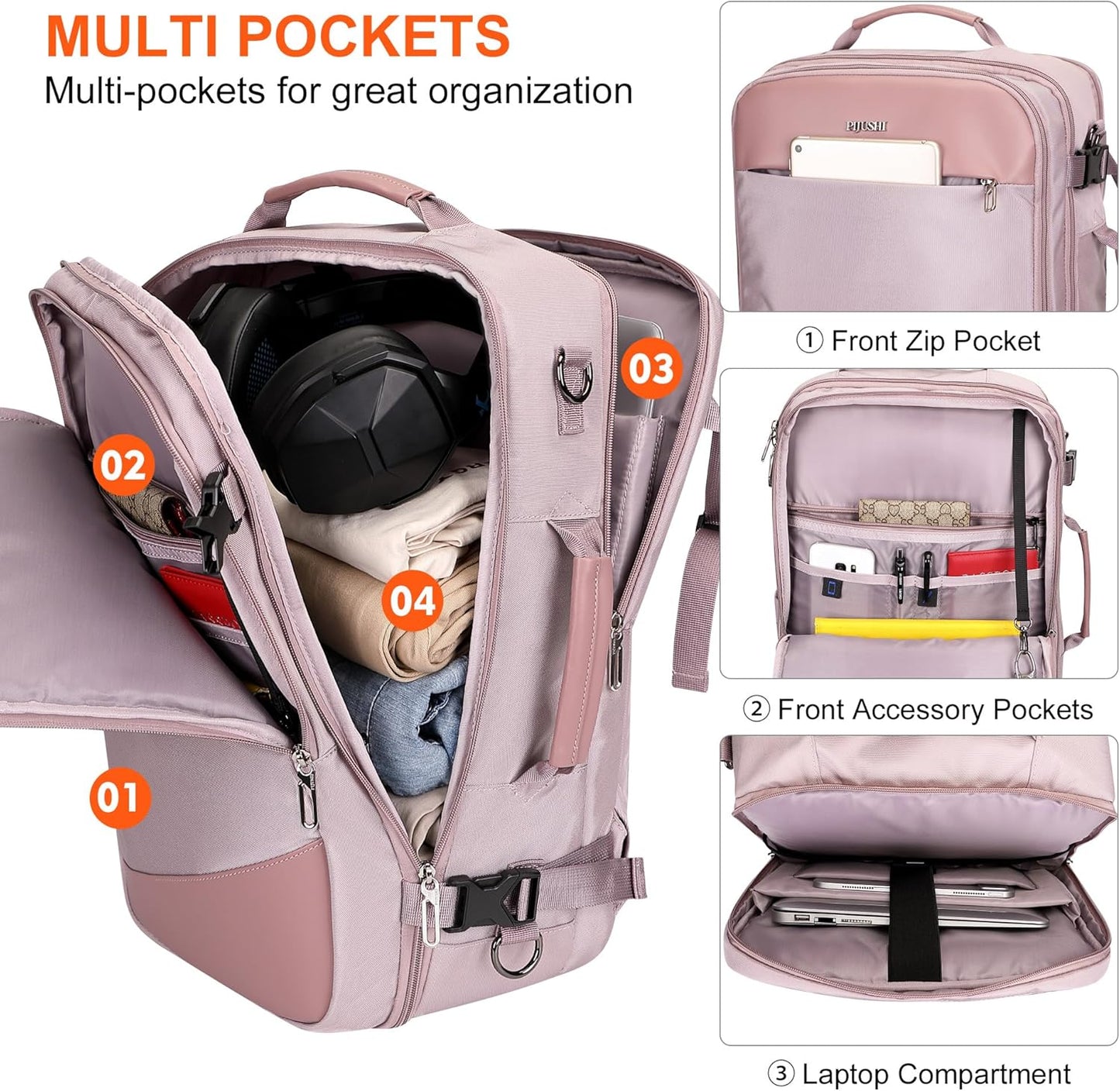 PIJUSHI Travel Backpack for Women Carry on Suitcase Backpack Flight Approved Personal Item Bag Fits 16 Inch Laptop(PE035 Light Purple)
