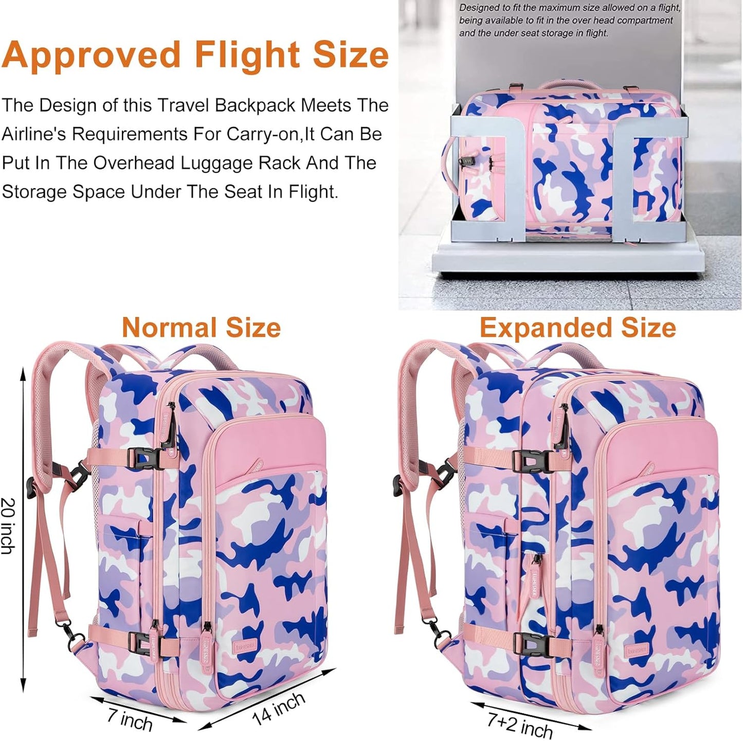 Lumesner Carry on Travel Backpacks, Extra Large 40L Flight Approved for Men & Women,Expandable Suitcase backpack (Camouflage Pink(Backpack With 4 Packing Cubes))