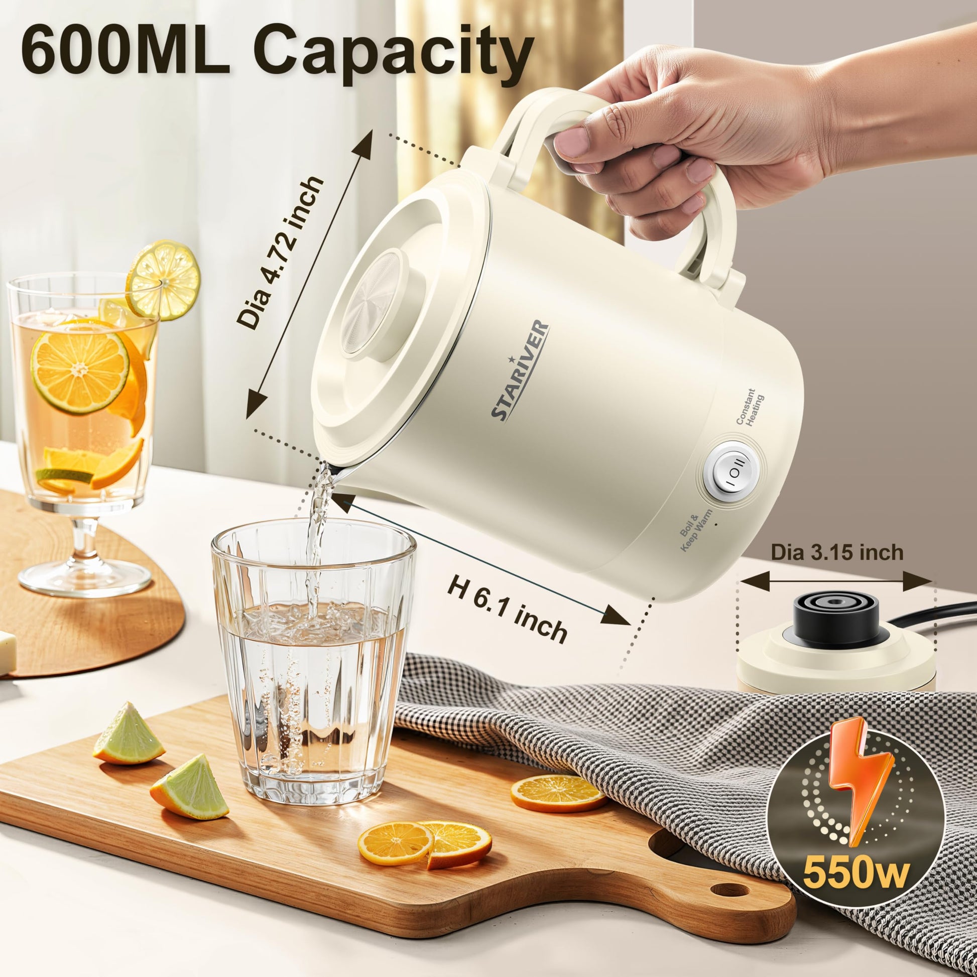 Stariver 0.6L Portable Electric Kettle, Stainless Steel Travel Kettle