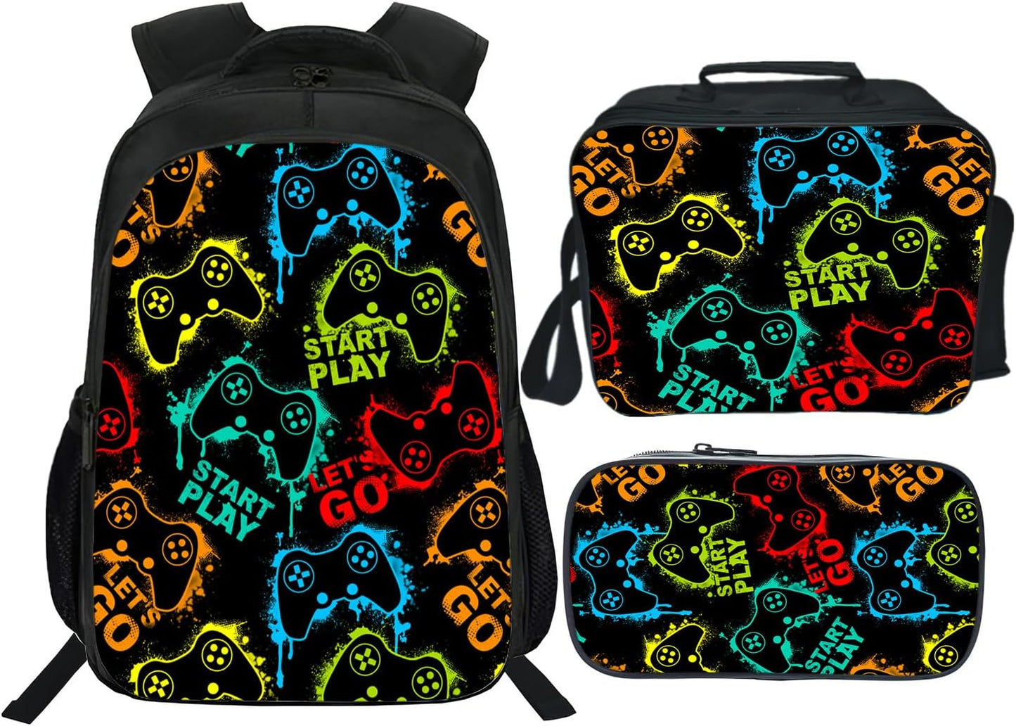 Gaming Backpack Kids Bookbag 16inch Schoolbag With Lunch Box Bag And Pencil Case Set For Boys Girls