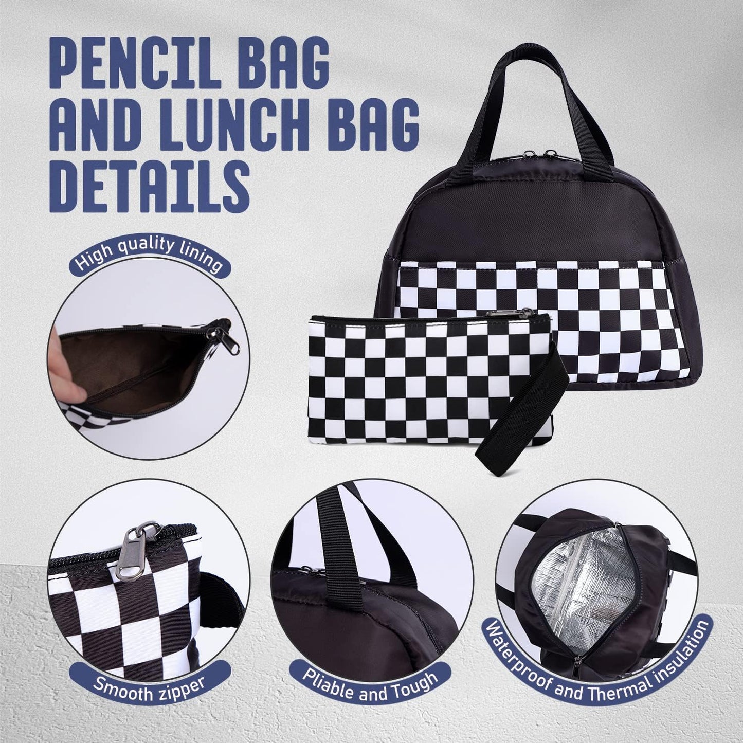 Checkered Backpack - School Backpack for Kids, Large Capacity, Waterproof, Lightweight, Black