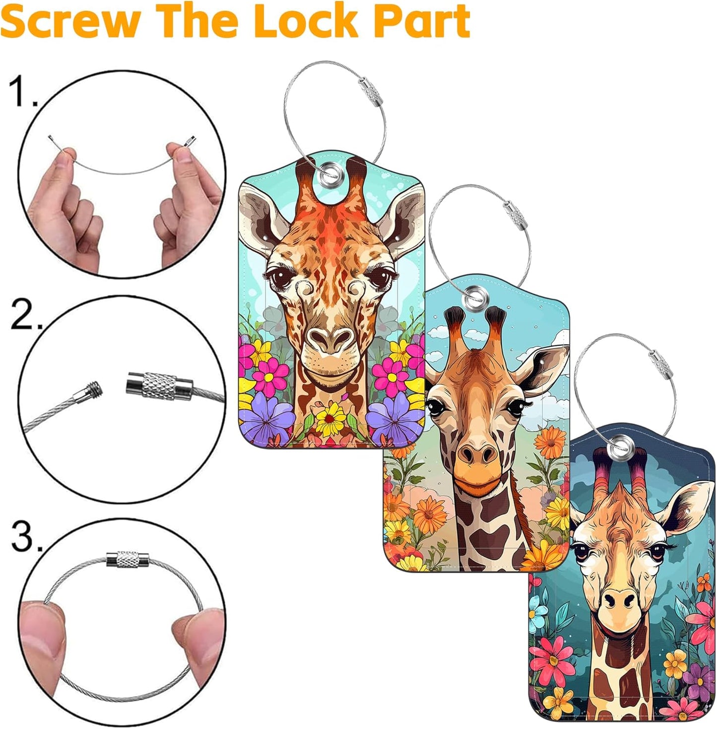 3 Pack PU Luggage Tags for Suitcase, Cute Giraffe Suitcase Tag Leather Privacy Cover ID Label with Stainless Steel Loop for Baggage Handbag School Bag Backpack