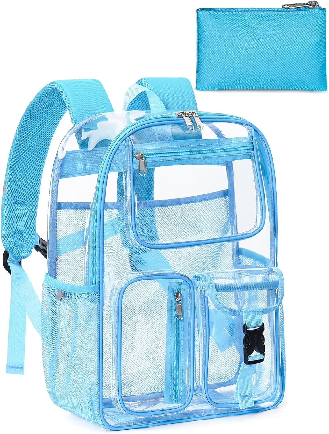 Heavy Duty Clear Backpack For School, 17 Inch Clear Bookbag For Kids Boys Girls Women Men, Large See Through Backpack With An Extra Pouch Accessories, Multi-Pockets Tranparent Bag, Light Blue