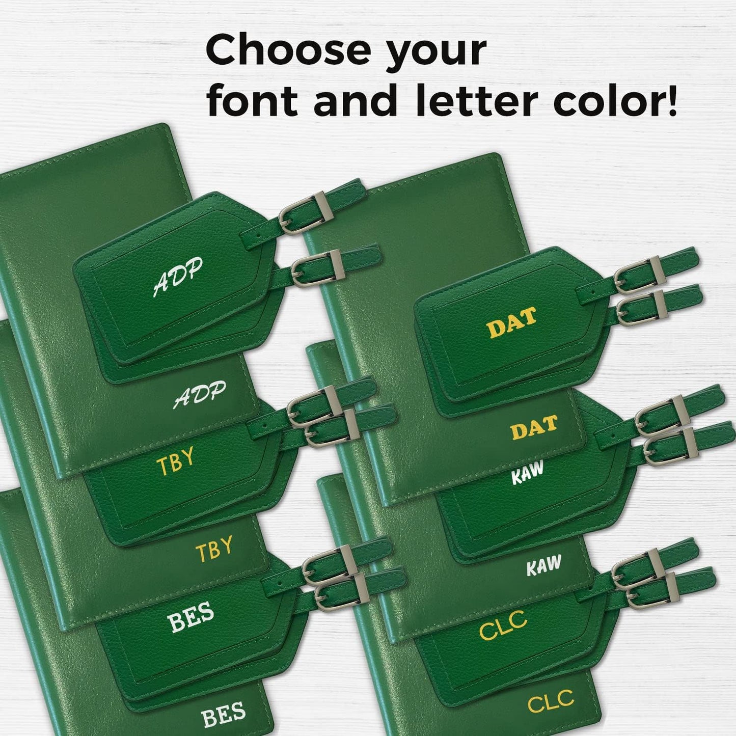 Personalized Monogrammed Emerald Green Leather RFID Passport Wallet and 2 Luggage Tags