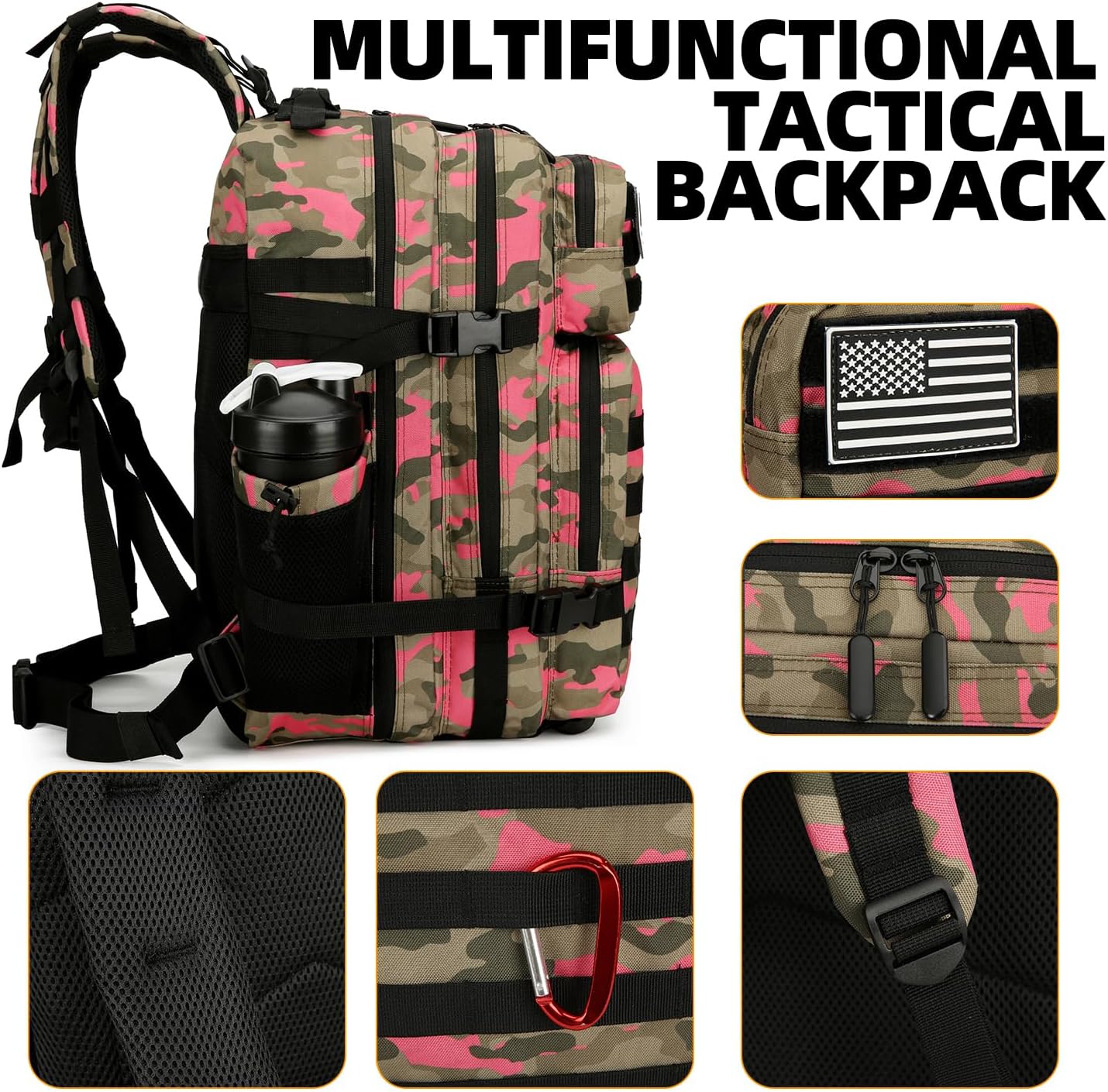 25L Tactical Backpack for Men and Women Military Backpack Army Assault Pack Molle Backpack Small Bug Out Bag Travel Rucksack Daypack (Pink Camo)