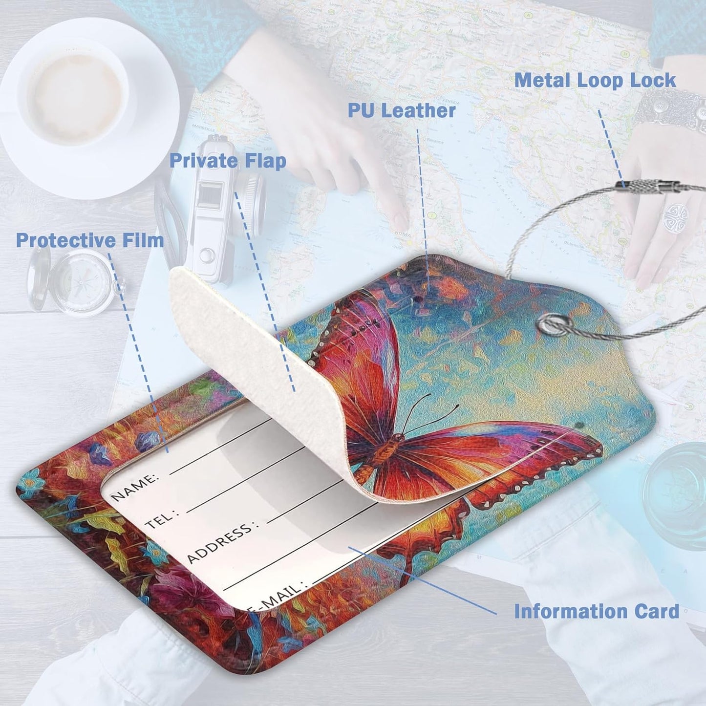 3 Pack Luggage Tag for Suitcase,Butterfly Leather Luggage Tag with Privacy Flap,Name ID Label and Metal Loop for Women Men Travel/Cruise Ships/Shipping/Mailing