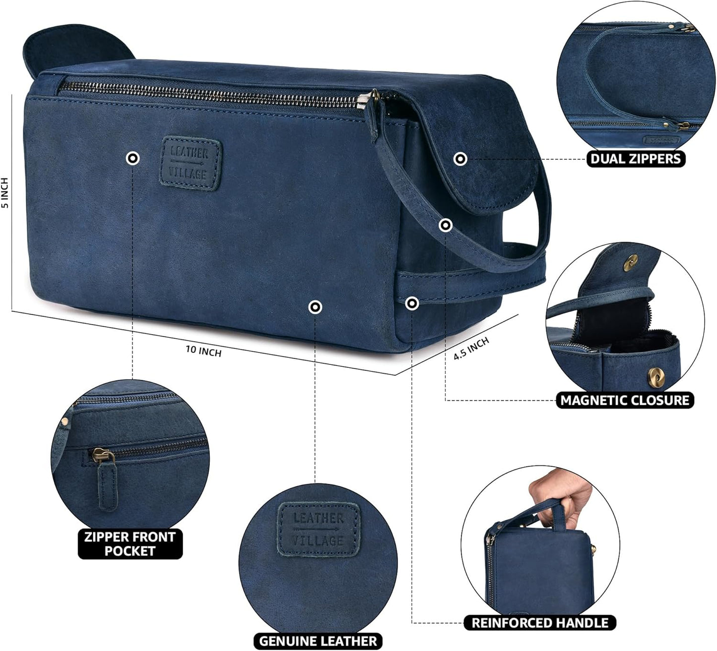 LEATHER VILLAGE Premium Leather Travel Toiletry Bag - Unisex Water-Resistant Travel Bag for
