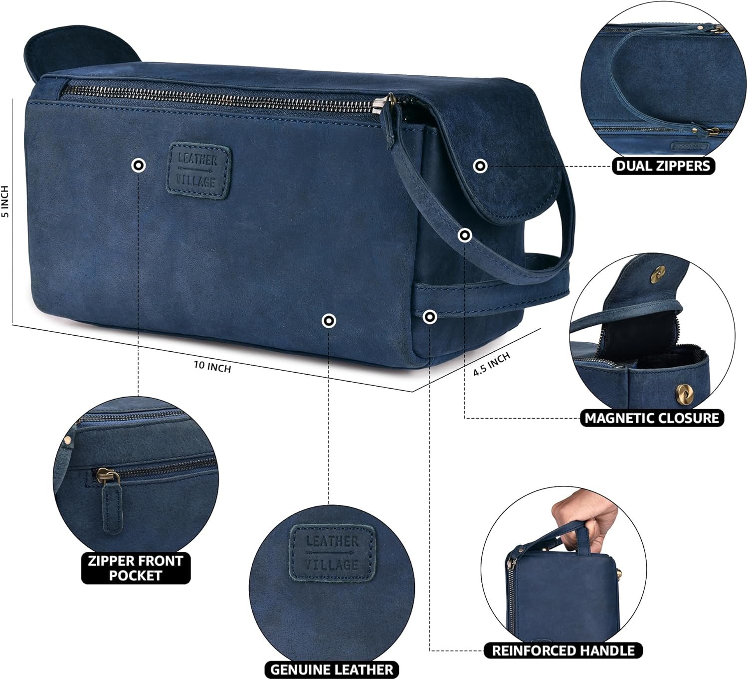 LEATHER VILLAGE Premium Leather Travel Toiletry Bag - Unisex Water-Resistant Travel Bag for