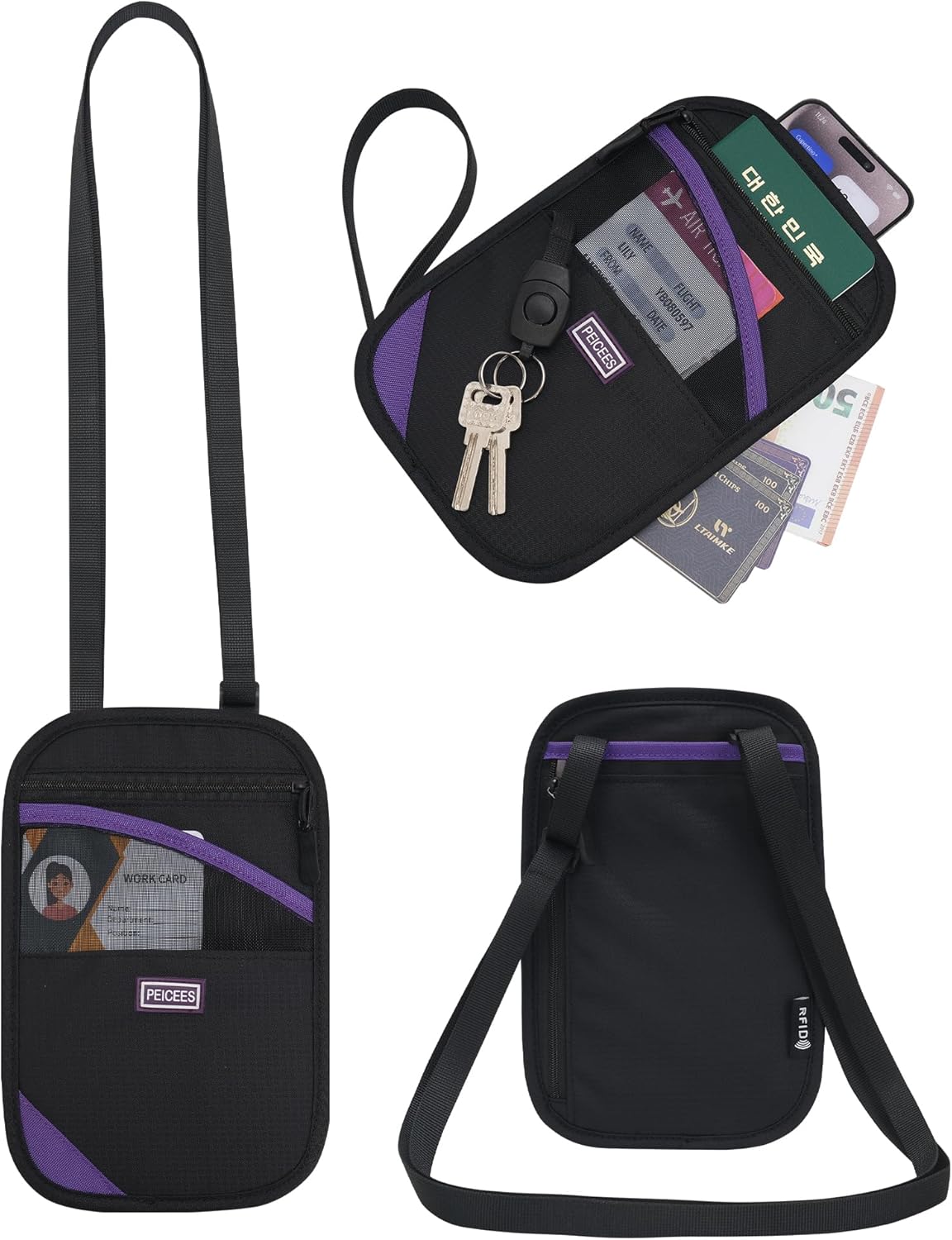 Peicees Neck Wallet, RFID Blocking Passport Holder, Easy to Conceal Travel Pouch, Purple