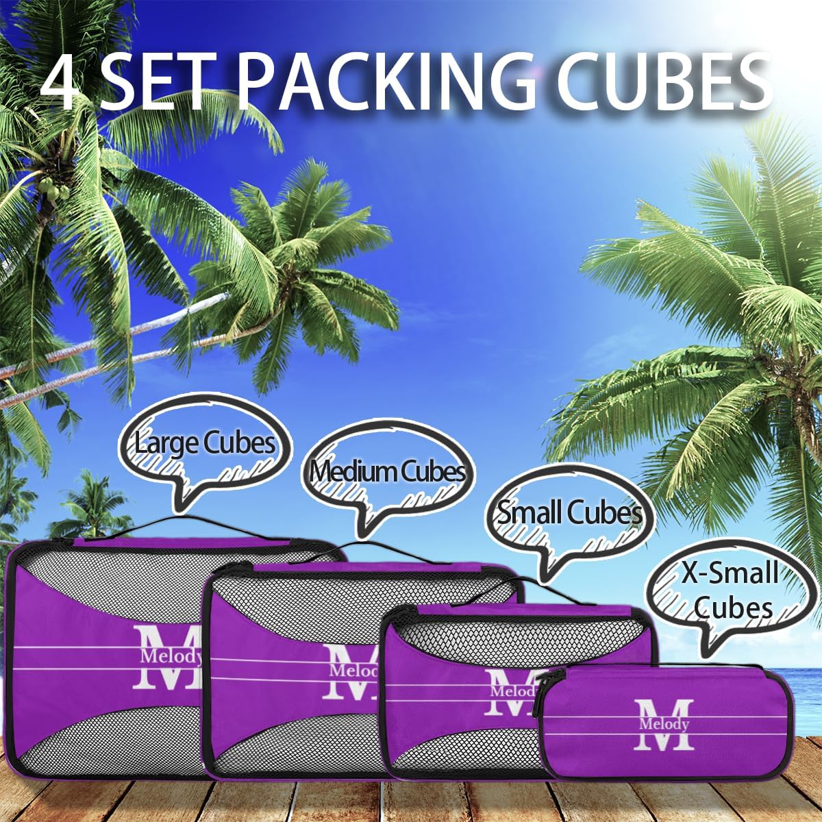 Personalized Packing Cubes, Set of 4 with Zipper Handles, Custom Name Initial Letter Travel Suitcases Luggage Packing Organizers, Initial Letter
