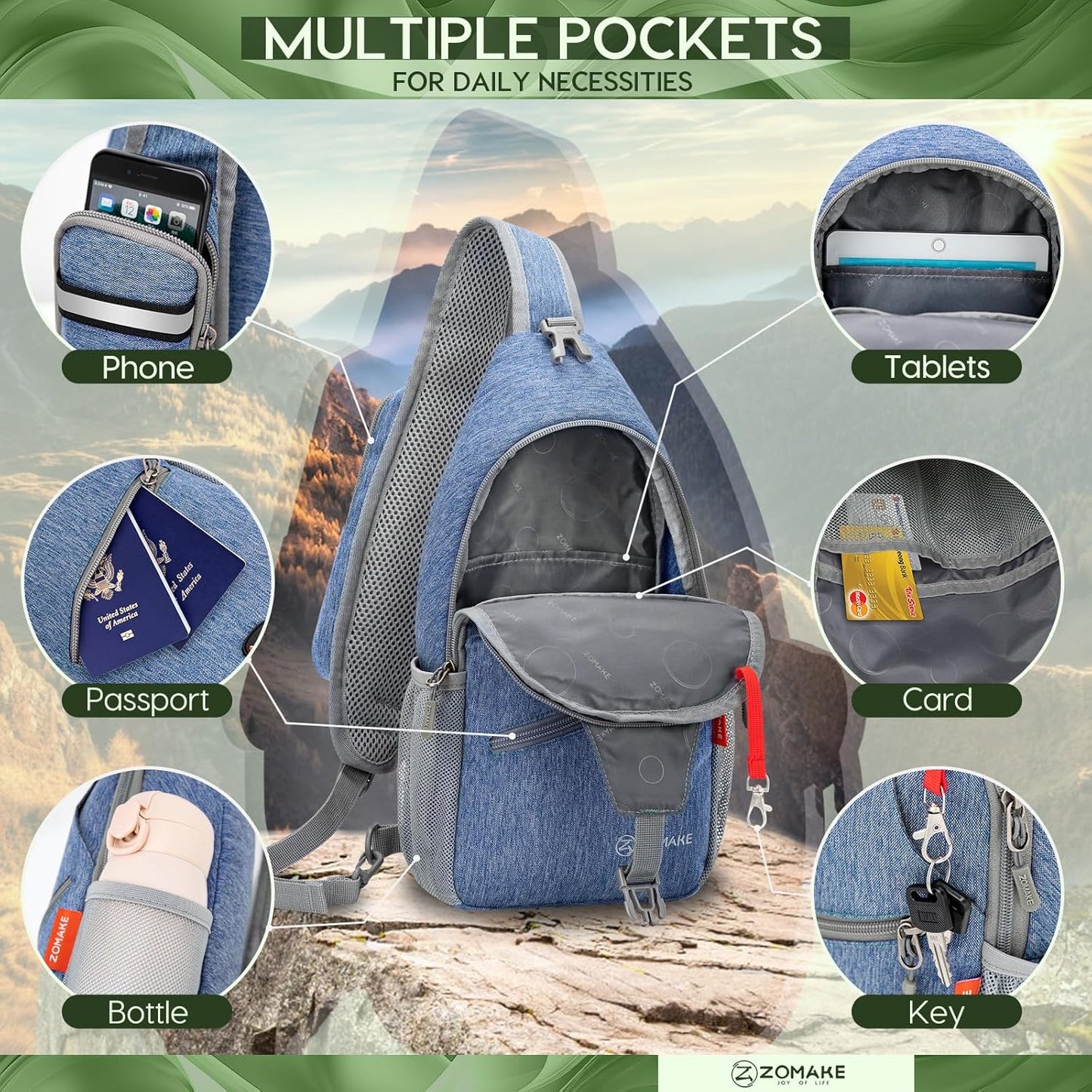 ZOMAKE Sling Bag,Small Crossbody Sling Backpack,Water Resistant Shoulder Daypack for Travel,Anti Thief Chest Bag for Hiking(Light Blue)