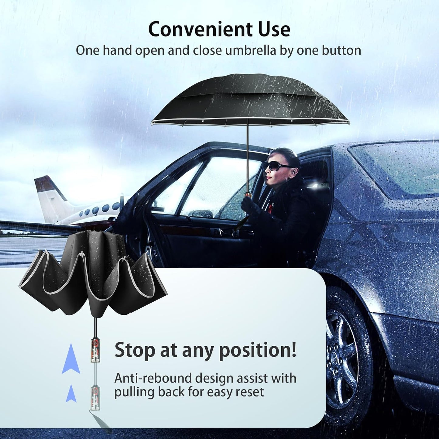Urvoix Compact Golf Umbrellas Windproof, Travel Umbrella for Rain, 10 Ribs Aluminum Alloy & Fiberglass w/Reflective Stripe, Double Canopy Automatic Anti-bounce Close