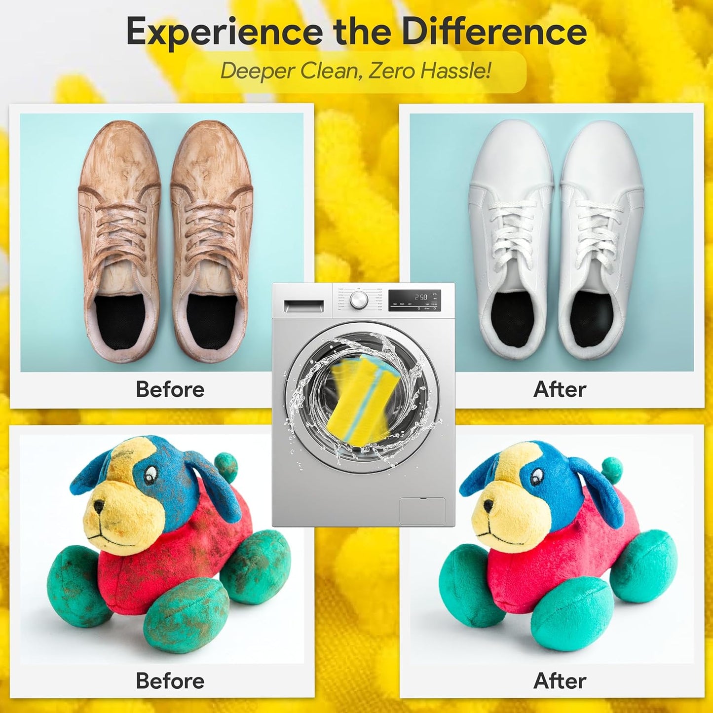 Shoe Washing Machine Bag – 2 Pcs Reusable Shoe Washing Bag with Brush & Shoe Trees, 360° Deep Cleaning Durable Sneaker Washing Machine Bag, Fits All Shoe Types & Sizes (Yellow, 14.8 × 7.4 Inches)