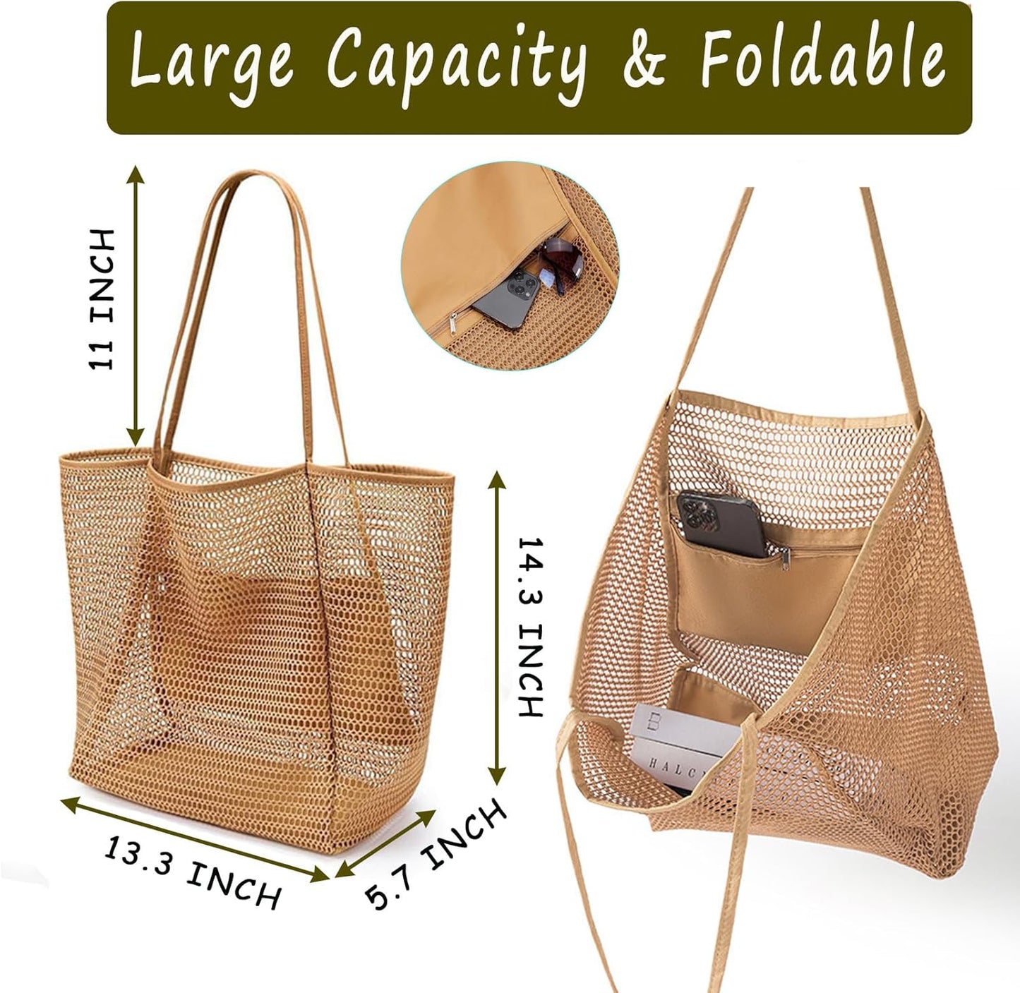 Large Beach Bags for Women, Mesh Beach Tote with Zipper, Foldable Pool Tote Bag Travel Beachbag Waterproof Sandproof