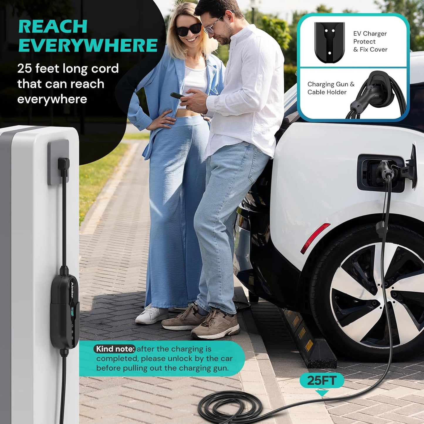 Level 2 Electric Vehicle (EV) Charger(WIFI APP/Plug-play), 40A, 25ft Cable ETL Certified, 220V-240V NEMA 14-50P Plug EVSE w/ J1772 Connector, Portable EV Car Charging Stations for Home Level 2
