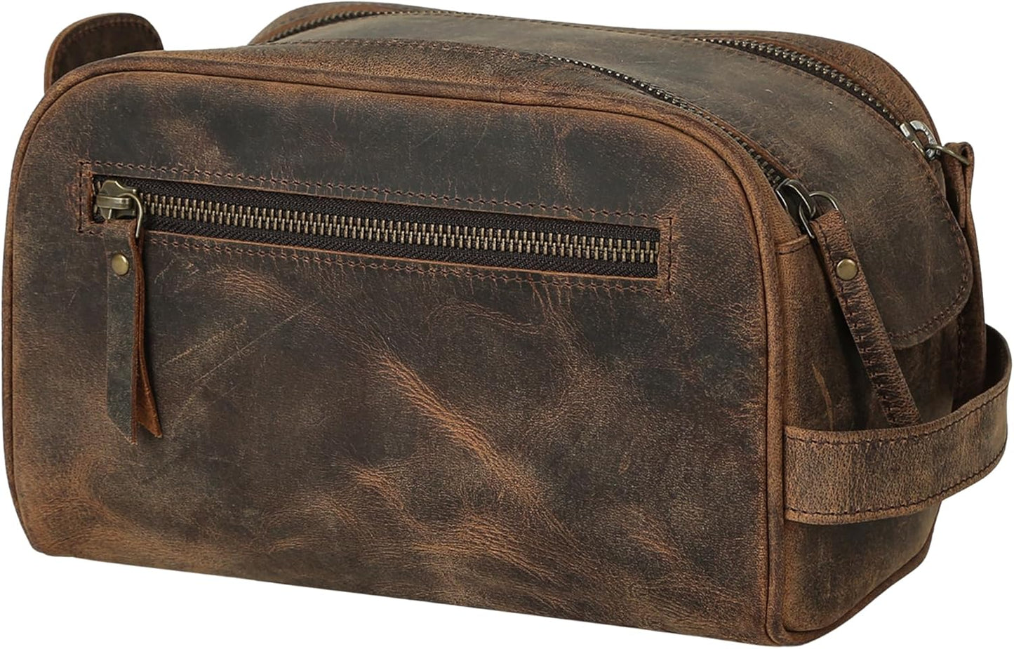 KomalC Leather Toiletry Bag For Men & Women, Handcrafted Buffalo Leather Travel Kit, Water-Resistant Shaving Bag For Men Travel, Premium Rustic Toiletry Pouch with Zipper Closure