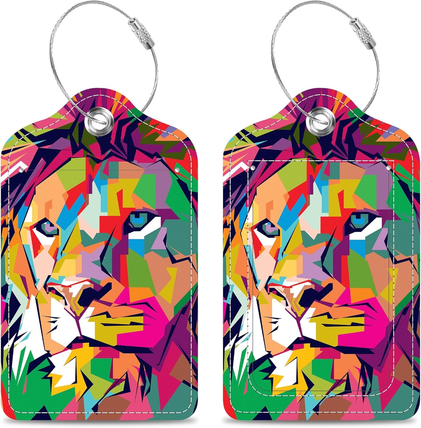 Luggage Tags for Suitcase Pop Art Lion 2 PCS Leather Travel Cruise Luggage Tag with Stainless Steel Loop Name ID Label Privacy Cover for Women Men Travel Bag Labels Set