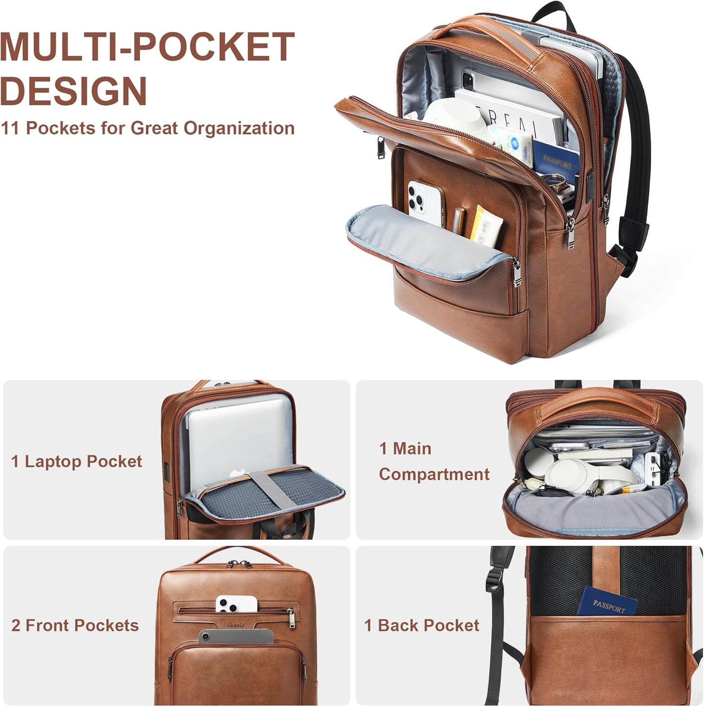 Shrrie Leather Laptop Backpack for Women and Men,28 L Travel Backpack Computer Bag Fits 16 inch Laptop,Expandable Casual Daypack with USB Port for Work Business Weekender College,Brown