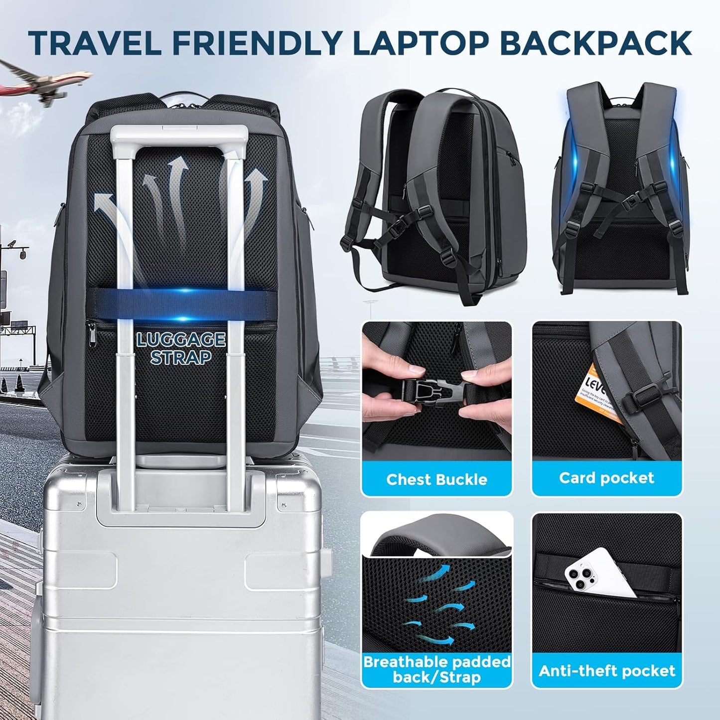 Grey Business Backpack for Men, Fits 17 Inch Laptop Water Resistant 45L Travel Bag with USB Charging Port, Expandable Men's Backpack for Work/College/Commuter