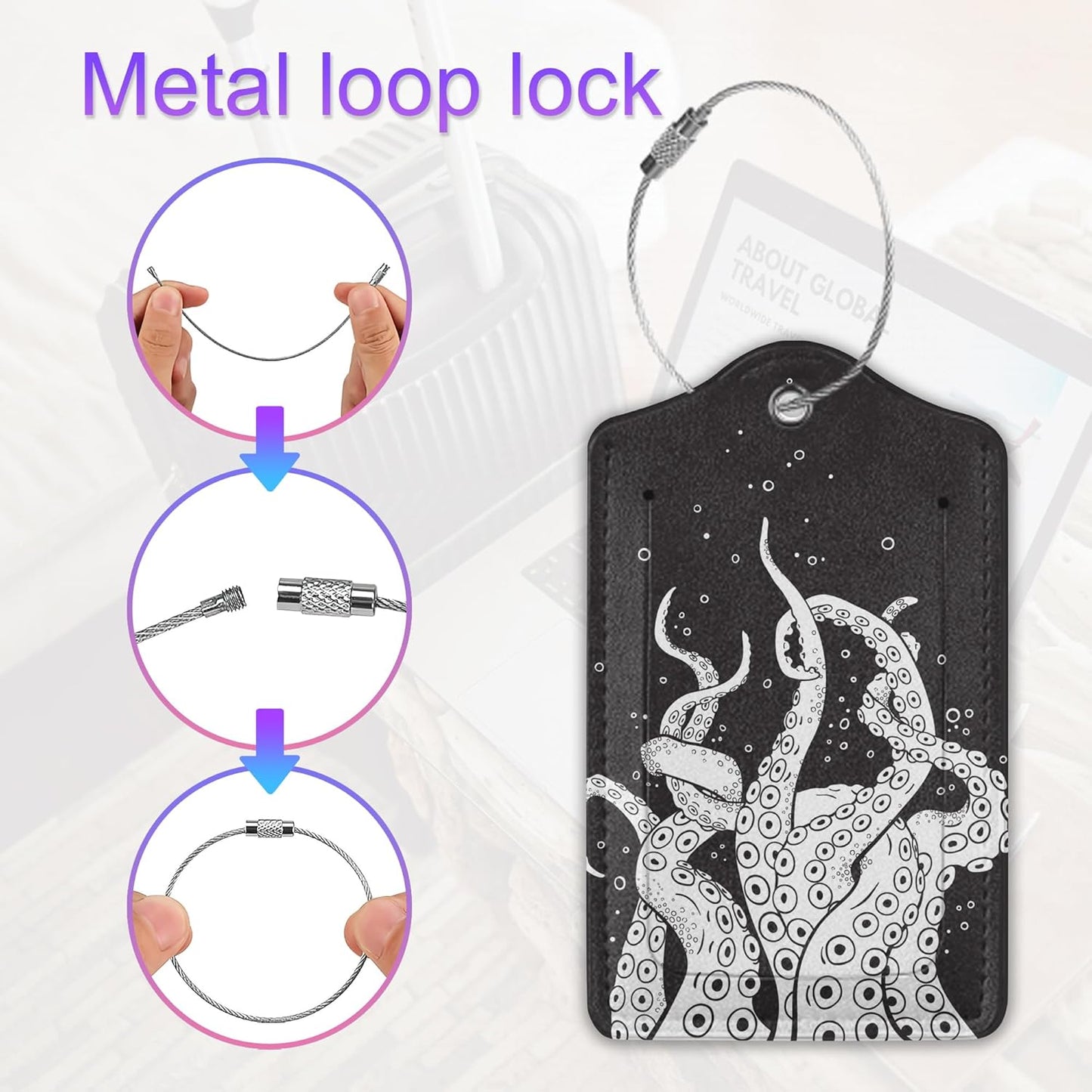 2 Pack Leather Luggage Tag for Suitcase Black Octopus Unique Travel Tags with Privacy Cover ID Label & Stainless Steel Loop for Men and Women Baggage