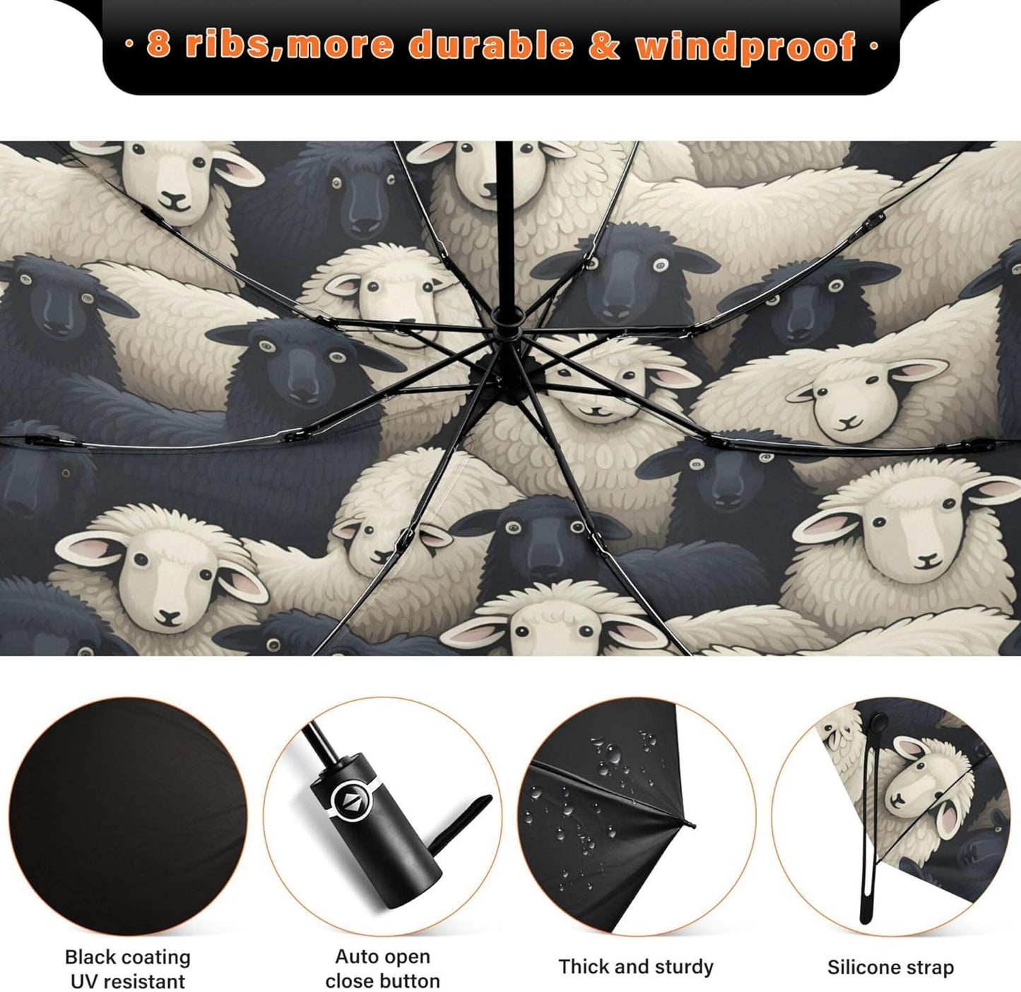 Automatic Folding Umbrella Windproof Strong, UV Protection Compact Black Gothic Moon Spider Webs