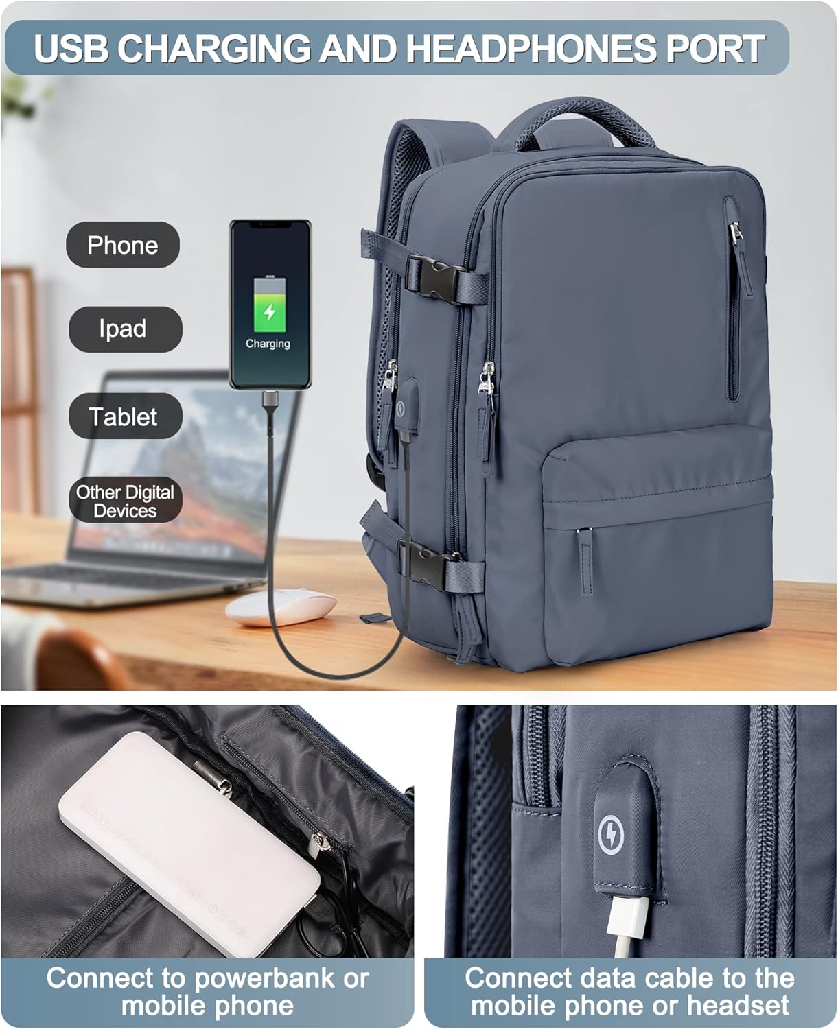 VGCUB Large Travel Backpack Bag for Women Men,Carry on 17 Inch Laptop Business Work Waterproof Backpack with Laptop Compartment,Person Item Flight Approved,Mochila de Viaje,Grey Blue Large