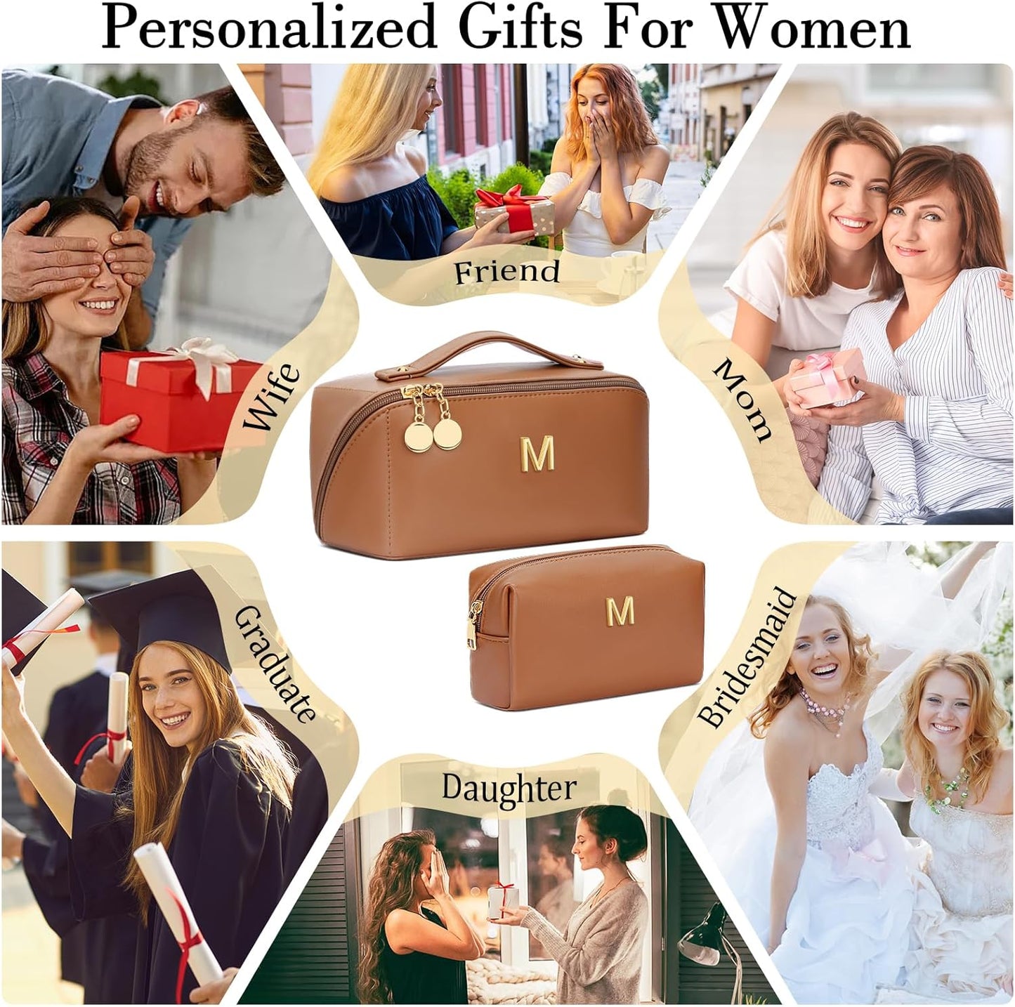 Birthday Gifts for Women Teen Girl, Personalized Initial Makeup Organizer Bag Set, Open Flat Travel Cosmetic Bag With Clear Divider and Handle(Brown,M)