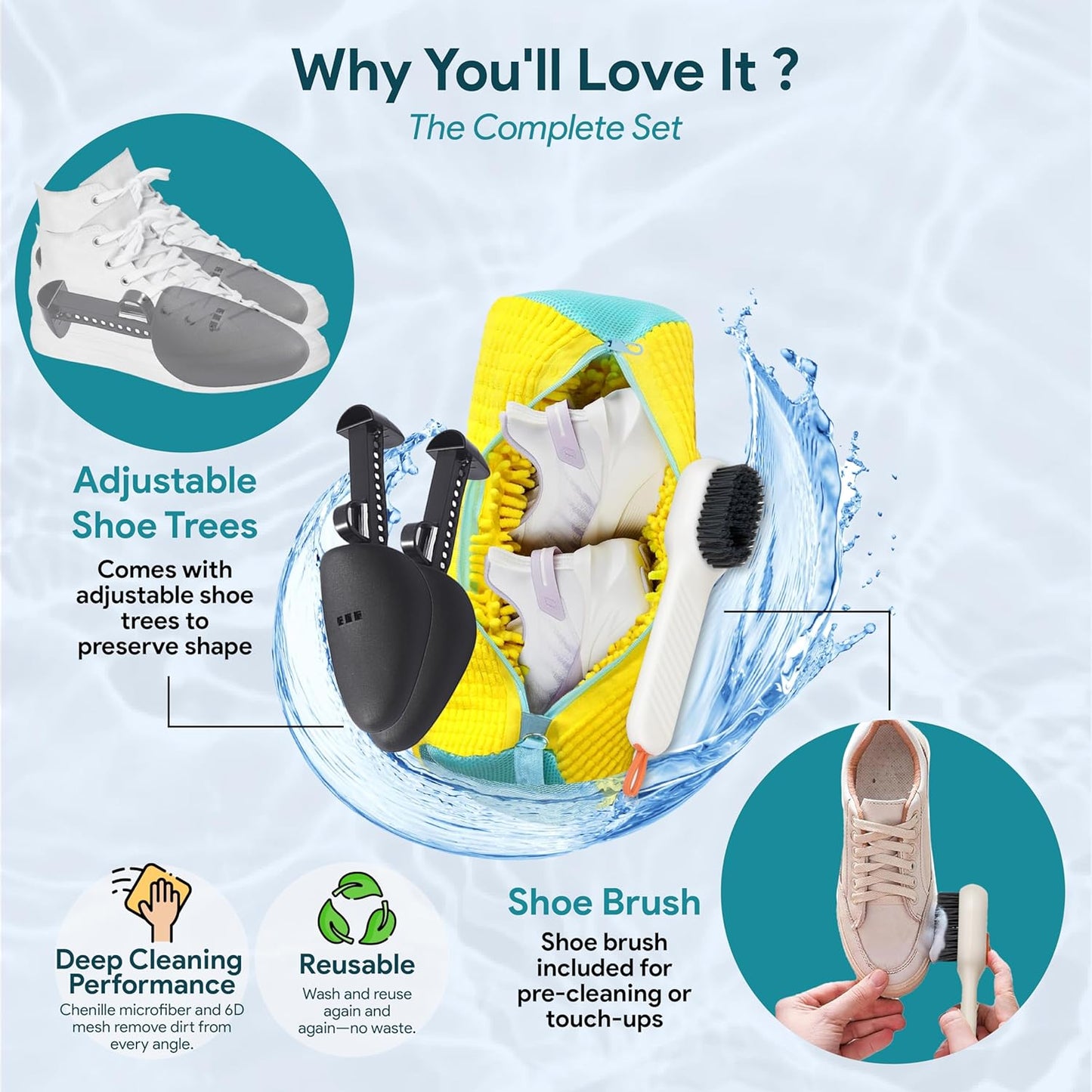 Shoe Washing Machine Bag – 2 Pcs Reusable Shoe Washing Bag with Brush & Shoe Trees, 360° Deep Cleaning Durable Sneaker Washing Machine Bag, Fits All Shoe Types & Sizes (Yellow, 14.8 × 7.4 Inches)