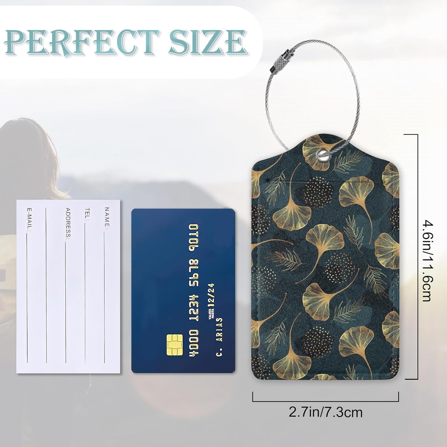 Luggage Tags Set of 2 Golden Gingko Leaves Leather Suitcase Tags with Stainless Steel Loop and Privacy Cover for Women Men Travel Luggage Accessories
