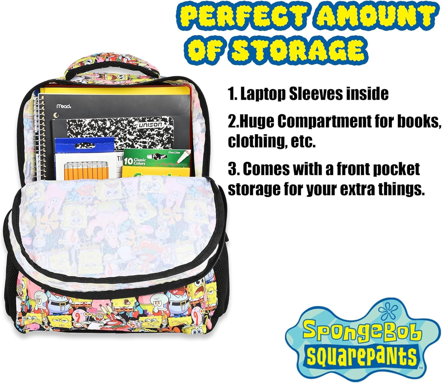 Nickelodeon SpongeBob Backpack for Kids - Officially Licensed SpongeBob SquarePants, Mr. Krabs, Squidward, Plankton Bookbag for Boys and Girls Kids and Adults - Laptop and Lunchbox Compartment
