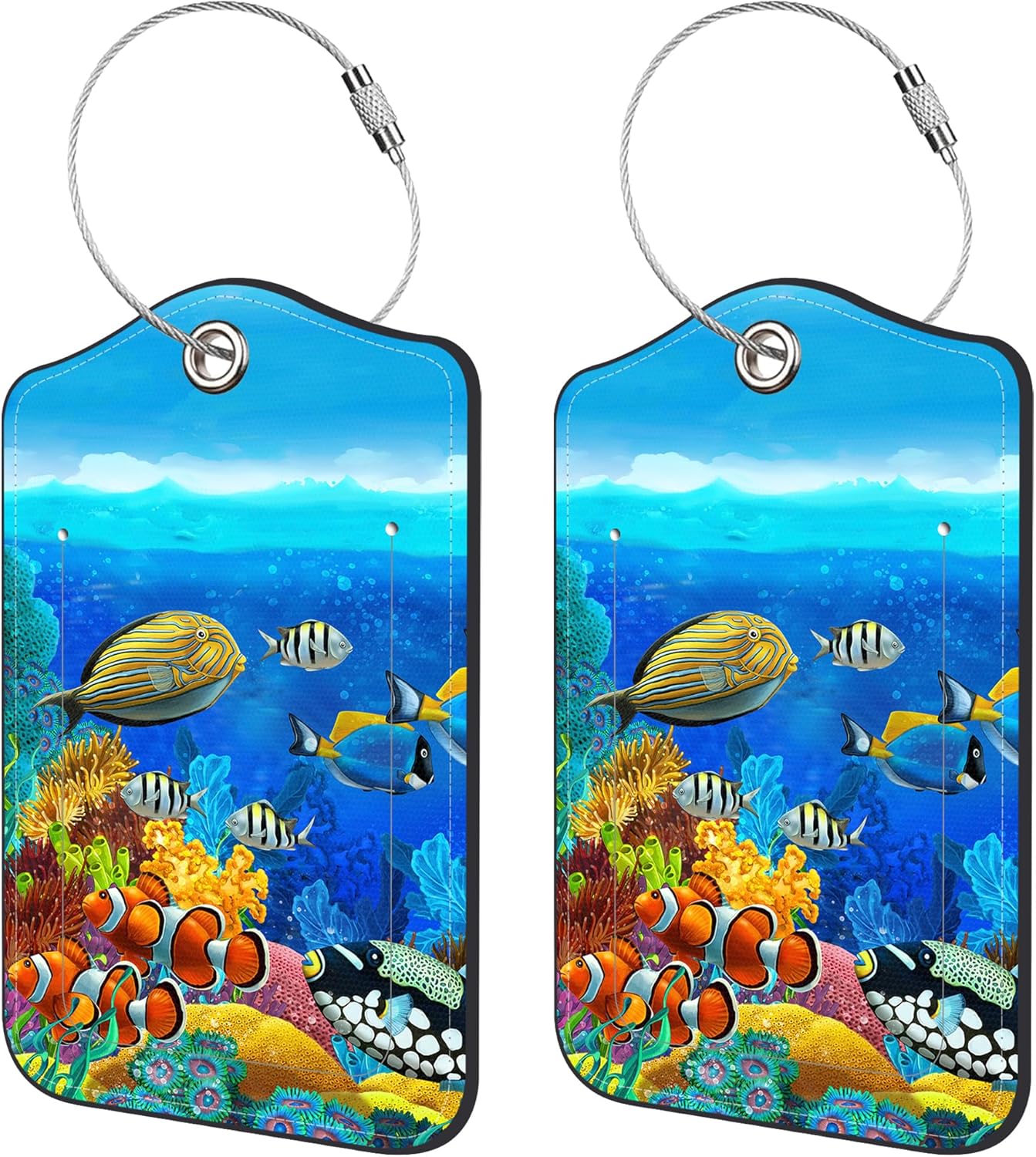 2 Pack Luggage Tags,Tropical Fish PU Leather Idea Baggage Tag with ID Labels Privacy Cover Metal Ring Men and Women Travel Bag Labels