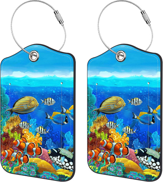 2 Pack Luggage Tags,Tropical Fish PU Leather Idea Baggage Tag with ID Labels Privacy Cover Metal Ring Men and Women Travel Bag Labels