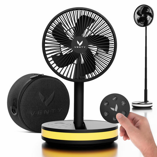 VENTY Portable Fan - Wireless Battery Operated Fan - 4 Speeds - LED Lighting - Carry Case & Remote