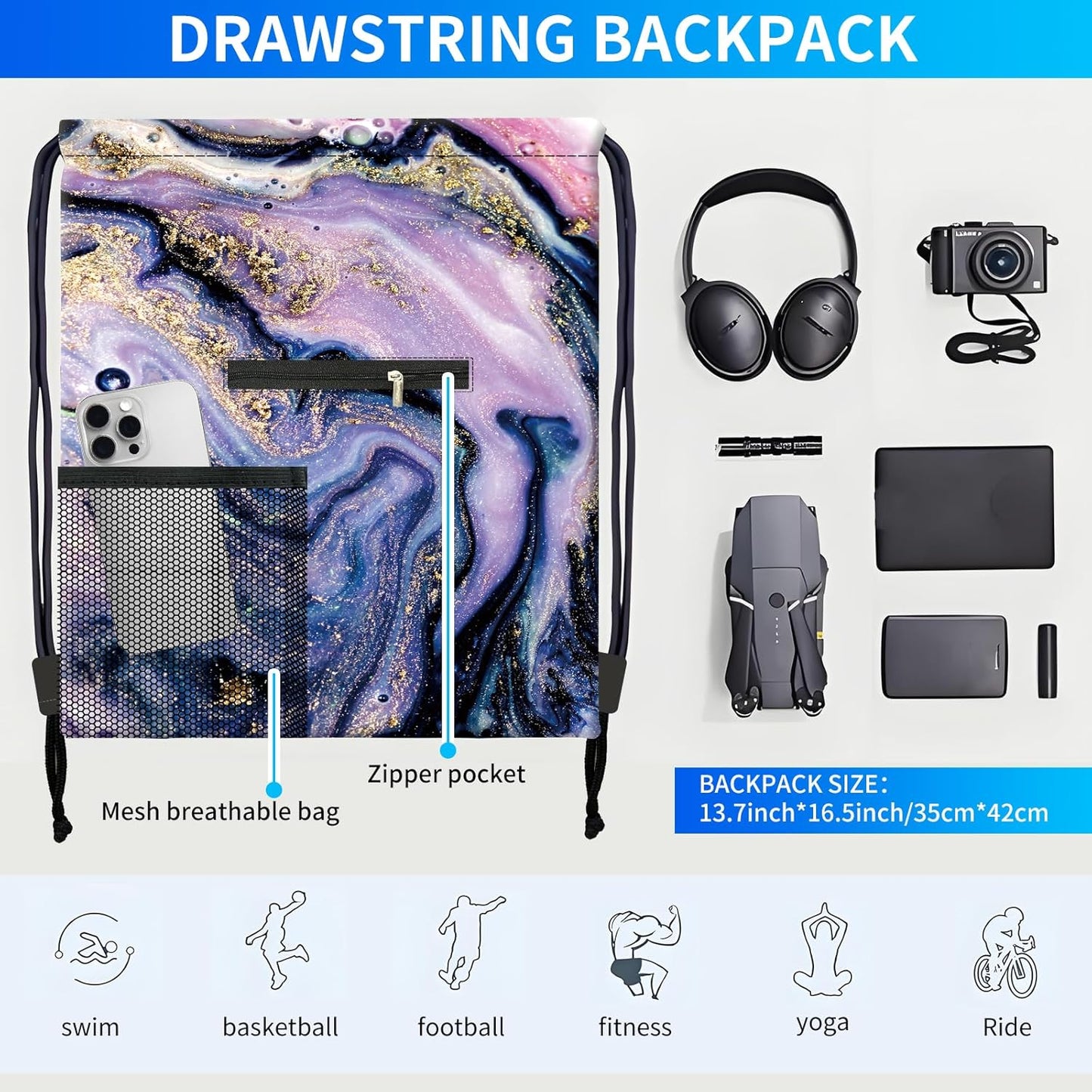 Drawstring Backpack Sports Gym Bag, Large String Swim Bag for Beach With Water Bottle Mesh Pocket, Cute Gym Sack with Zipper Pocket for Men Women Luxuious Purple Marble