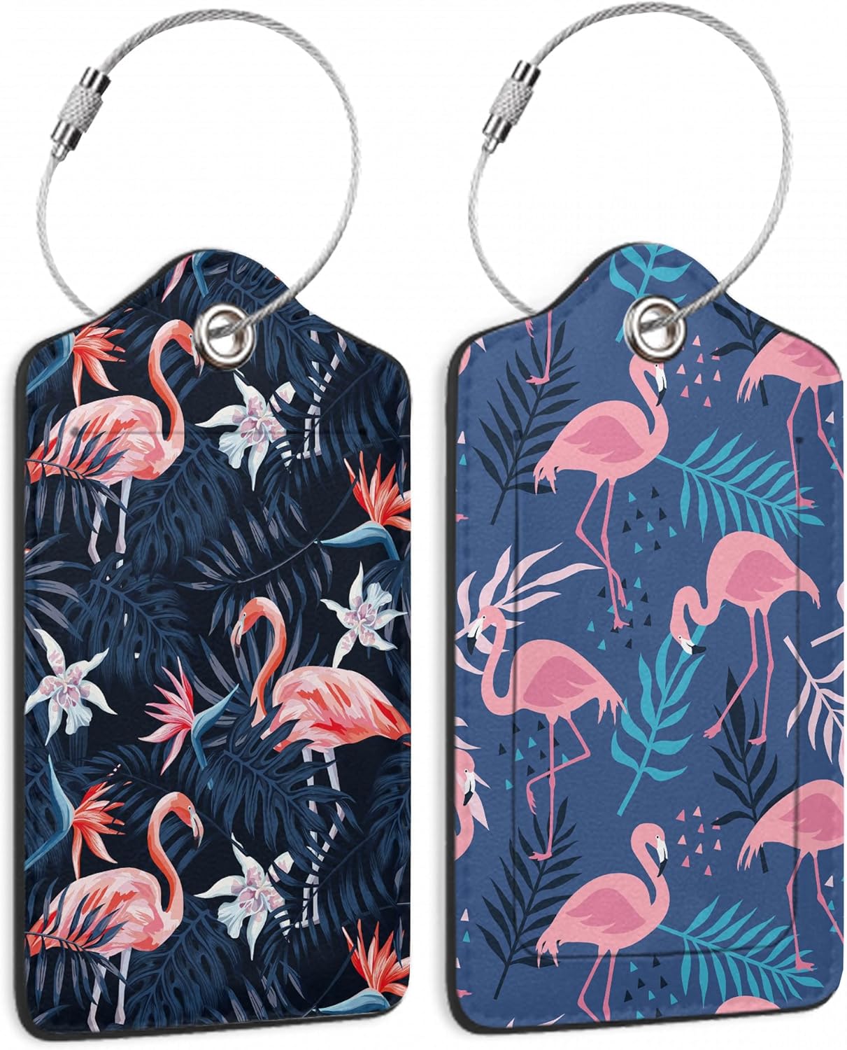 Pink Flamingos 2 Pack Luggage Tag for Suitcase, Cute Unique Leather Bag Tags Identifiers Privacy Cover ID Label with Durable Steel Loop for Women Men Kids Girls Travel