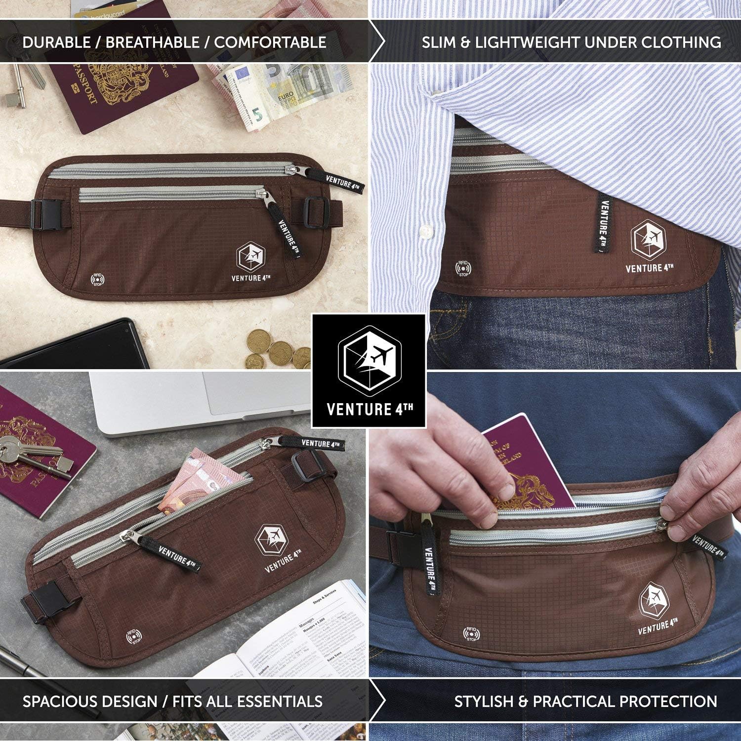 VENTURE 4TH Travel Money Belt - Slim Passport Holder RFID Blocking Travel Pouch to Protect Cash