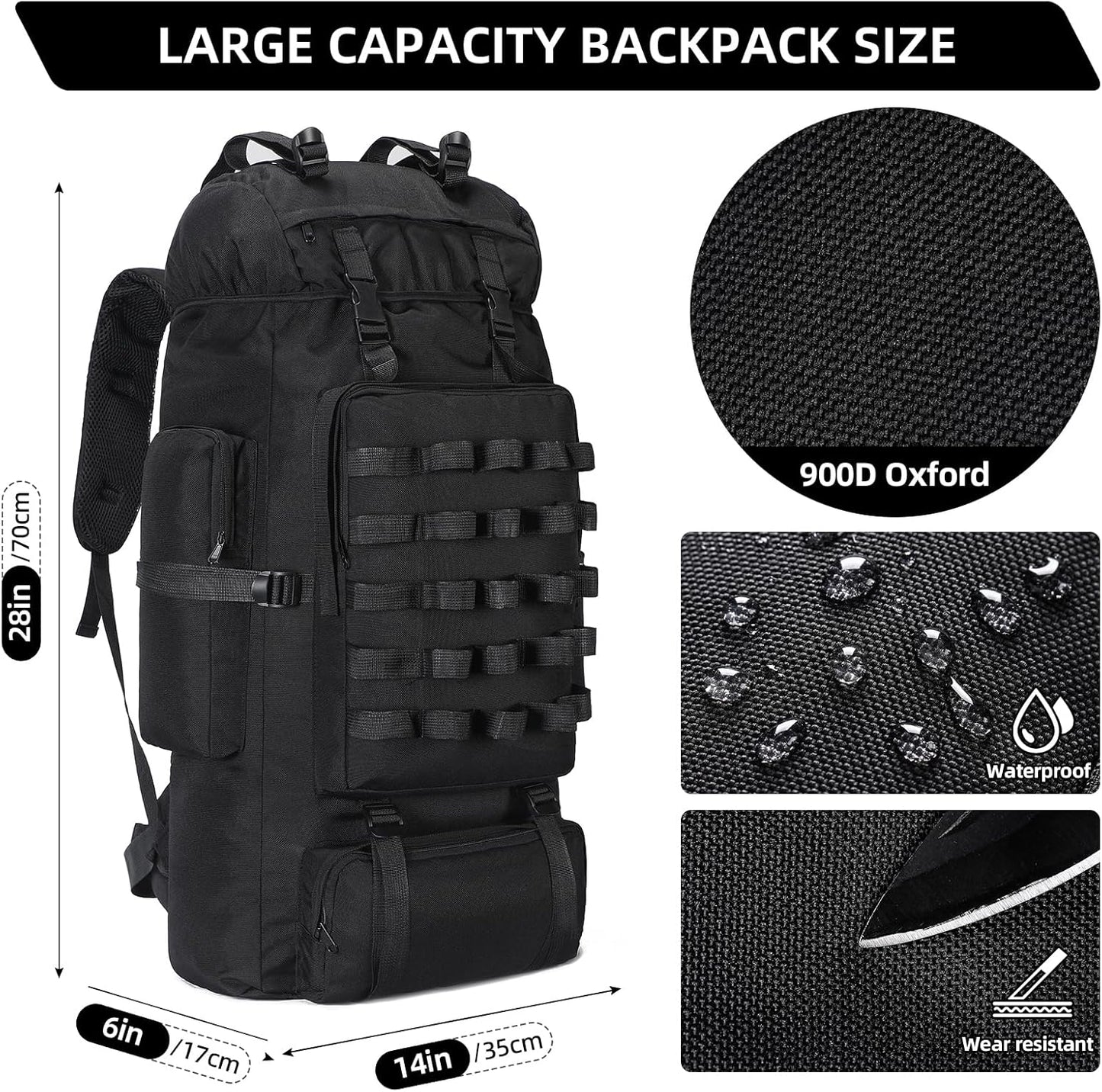 70L Camping Hiking Backpack with Rain Cover, Large Military Tactical Backpack, Waterproof Molle Racksack Travel Backpacking Daypack for Climbing Trekking