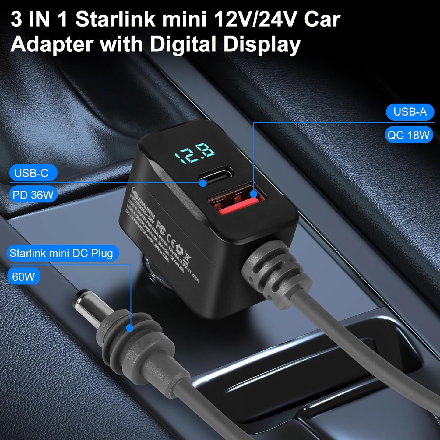 Starlink Mini Car Adapter 10FT 3-in-1 Cable & 12V-24V Adapter with Display | Starlink-Mini 12V