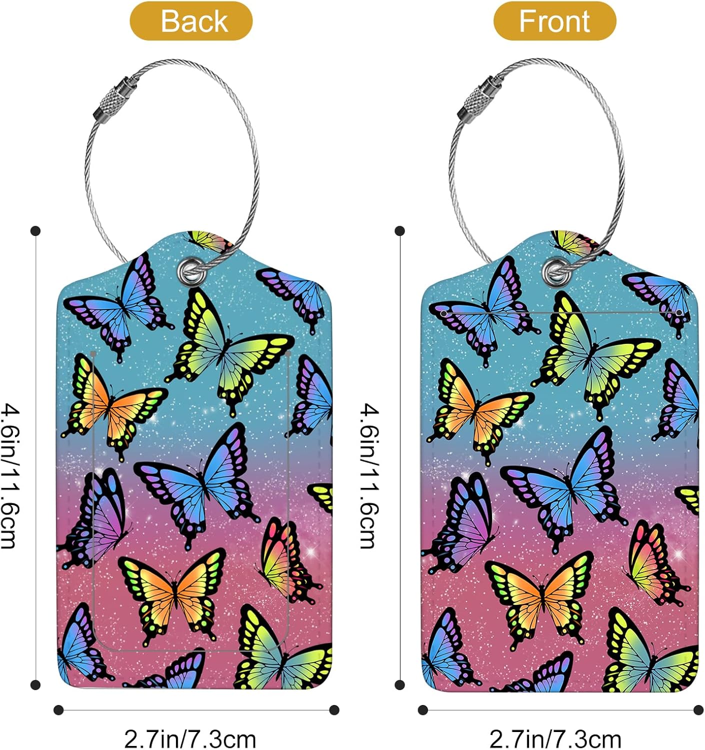 2Pack Luggage Tags for Suitcases, Cute Unique Pu Leather Cruise Luggage Tag with Privacy Cover ID Label Address Card and Metal Ring Suitable for Women Men Kids Travel Bag Colorful Butterflies